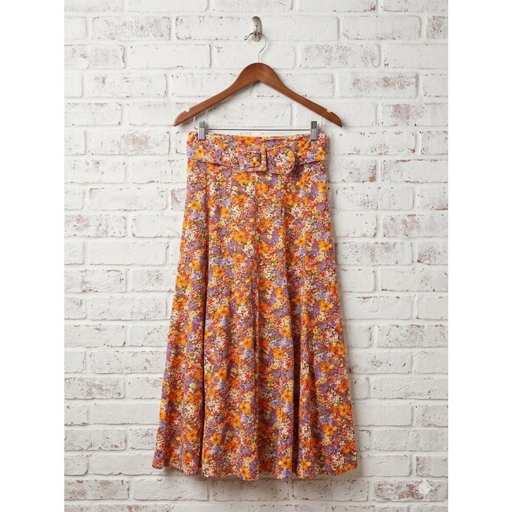 Faithfull The Brand Orange Floral Wrap Maxi Skirt Medium Boho Cottagecore belted